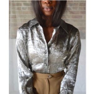 Gorgeous vintage crinkle silver semi sheer blouse